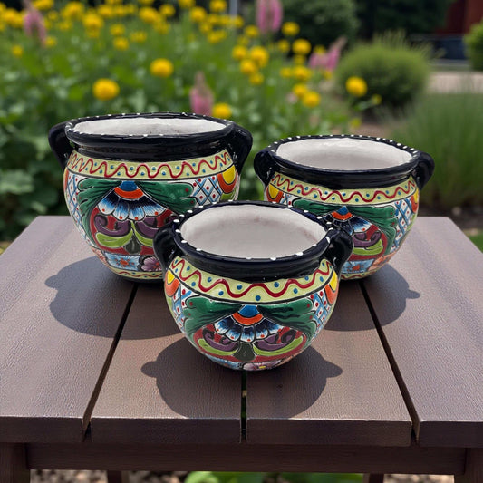 Small Cobalt Blue Rim Talavera Pot Trio Hand-Painted Planters - - Talavera Flower Pot