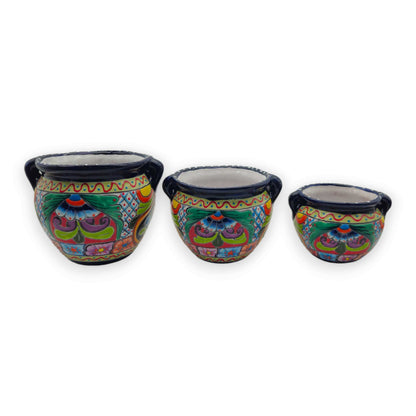 Small Cobalt Blue Rim Talavera Pot Trio Hand-Painted Planters - - Talavera Flower Pot