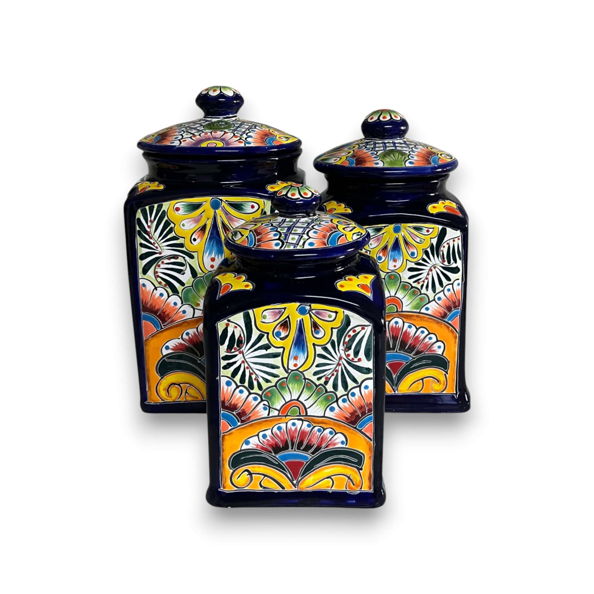 Cobalt Blue Talavera Canister Trio Mexican Hand-Painted Storage - - Talavera Canister Set