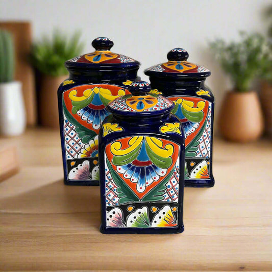 Cobalt Blue Talavera Canister Trio Mexican Hand-Painted Storage - - Talavera Canister Set