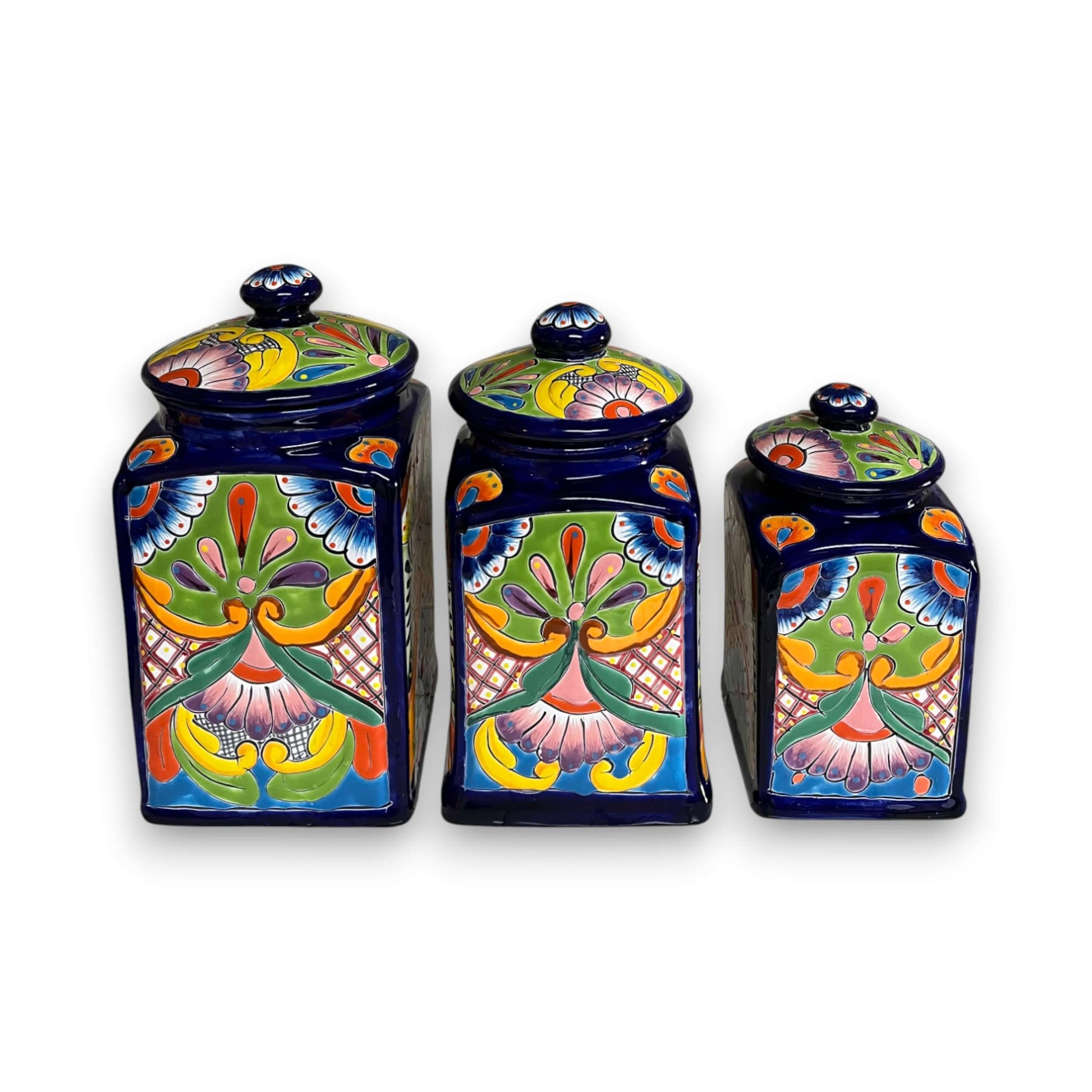Cobalt Blue Talavera Canister Trio Mexican Hand-Painted Storage - - Talavera Canister Set