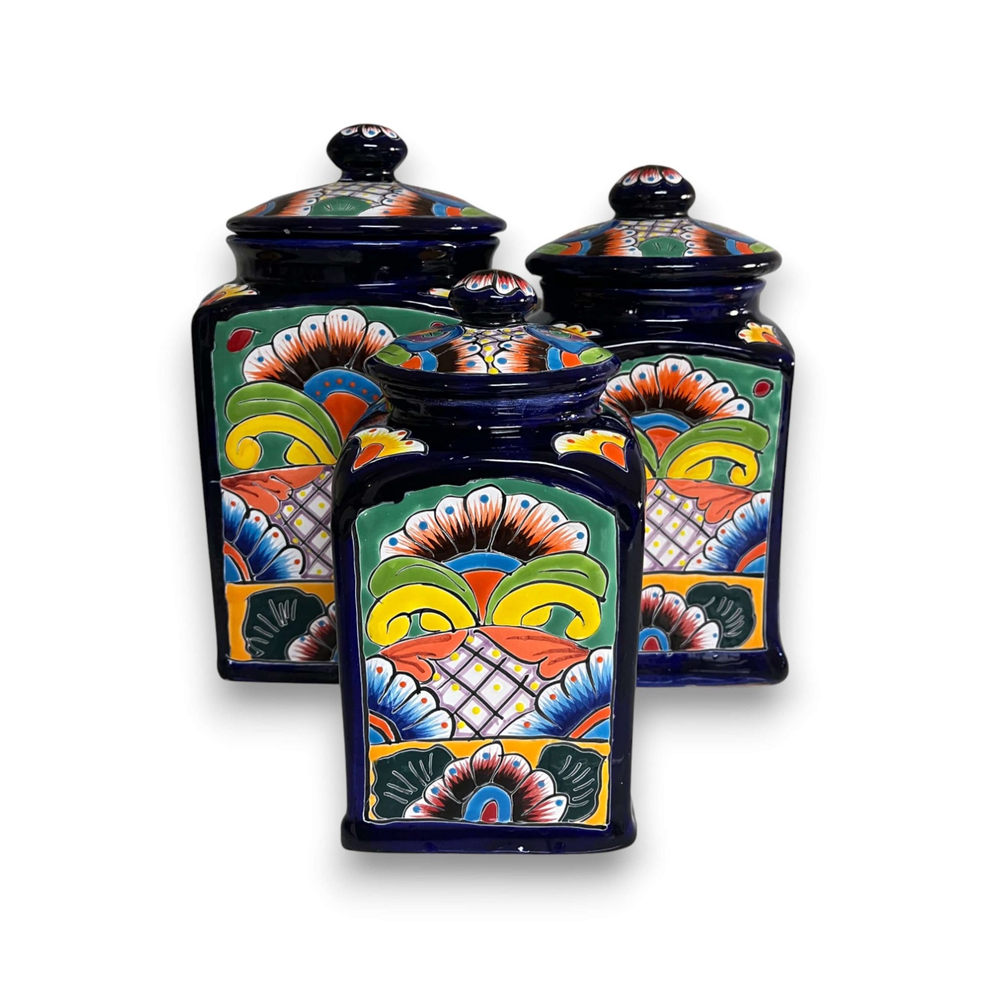 Cobalt Blue Talavera Canister Trio Mexican Hand-Painted Storage - - Talavera Canister Set