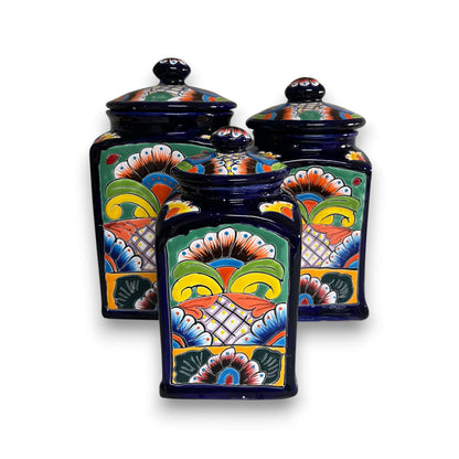 Cobalt Blue Talavera Canister Trio Mexican Hand-Painted Storage - - Talavera Canister Set