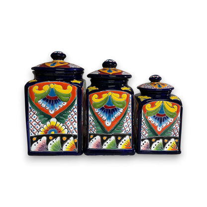 Cobalt Blue Talavera Canister Trio Mexican Hand-Painted Storage - - Talavera Canister Set