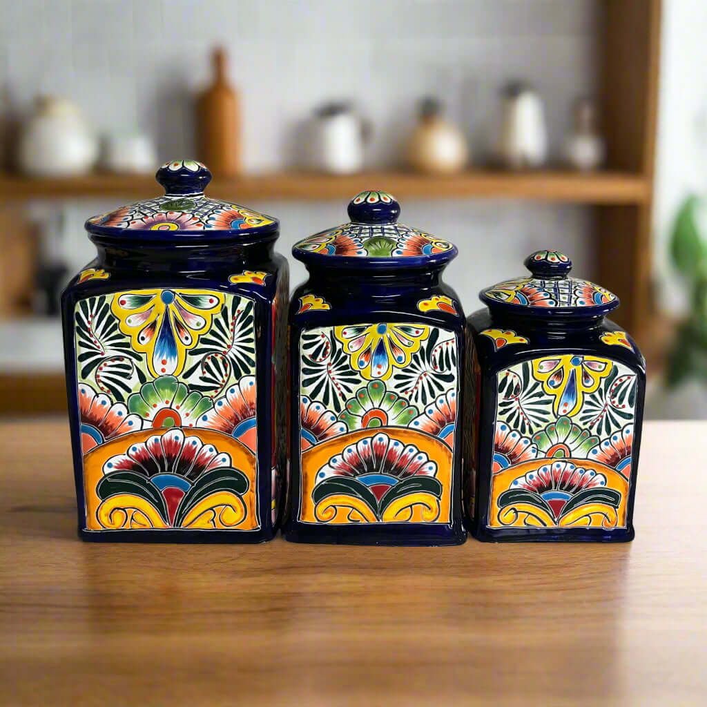 Cobalt Blue Talavera Canister Trio Mexican Hand-Painted Storage - - Talavera Canister Set