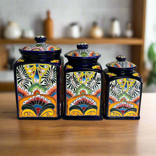 Cobalt Blue Talavera Canister Trio Mexican Hand-Painted Storage - - Talavera Canister Set