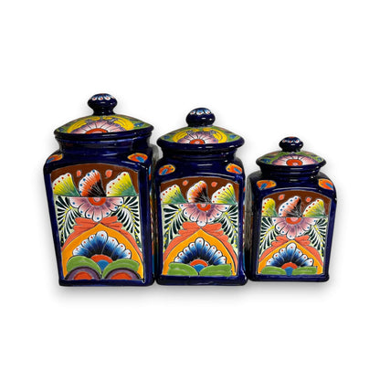 Cobalt Blue Talavera Canister Trio Mexican Hand-Painted Storage - - Talavera Canister Set