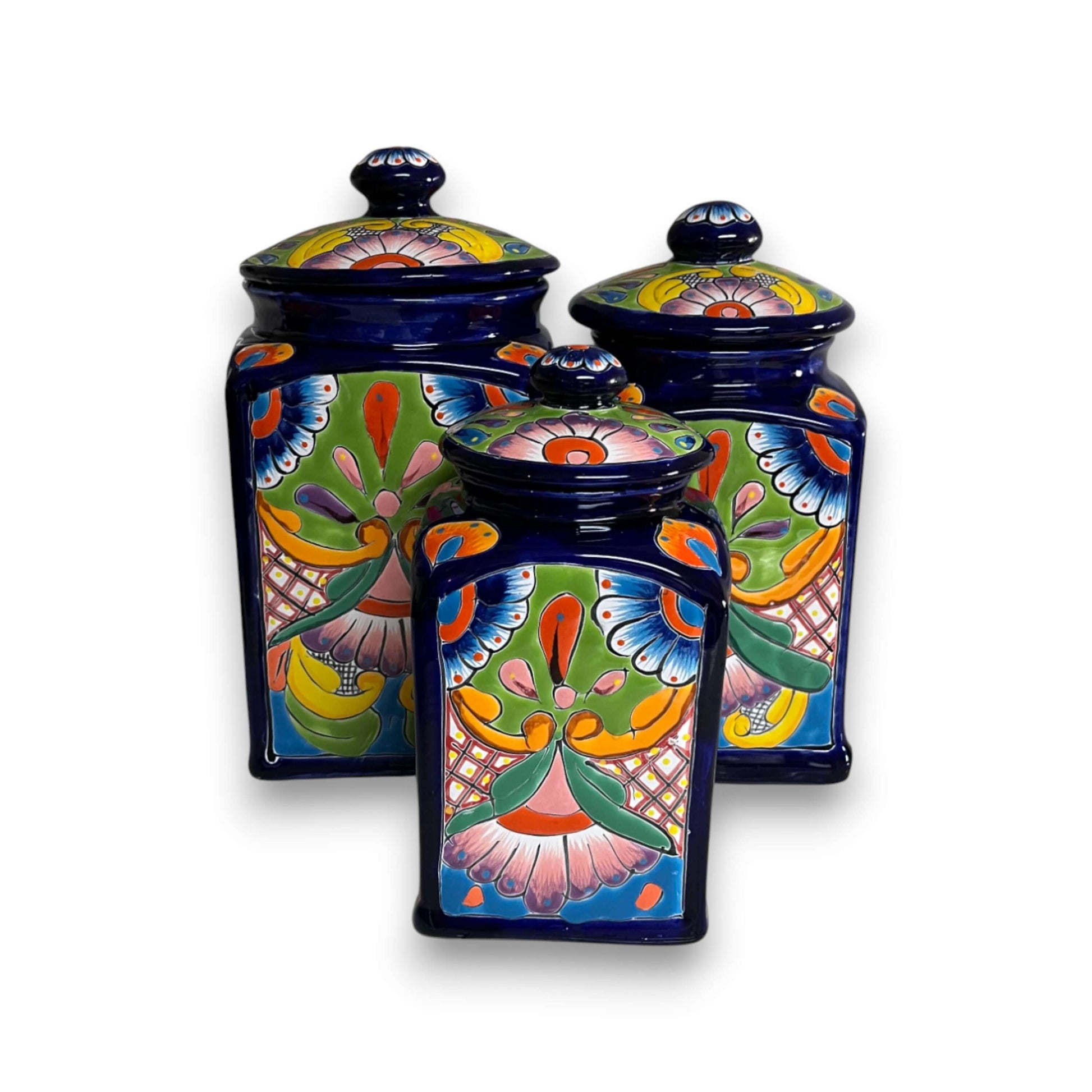Cobalt Blue Talavera Canister Trio Mexican Hand-Painted Storage - - Talavera Canister Set