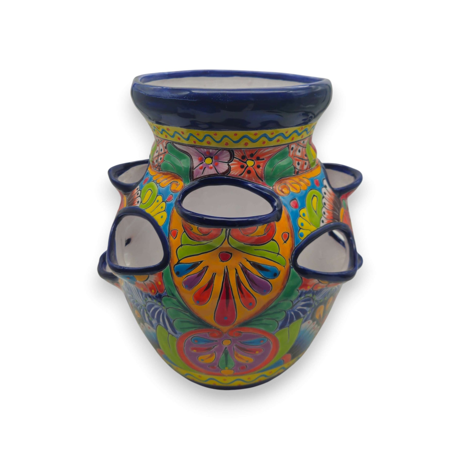 Cobalt Blue Rim Talavera Strawberry Planter Mexican Ceramic Pot - - Talavera Planter