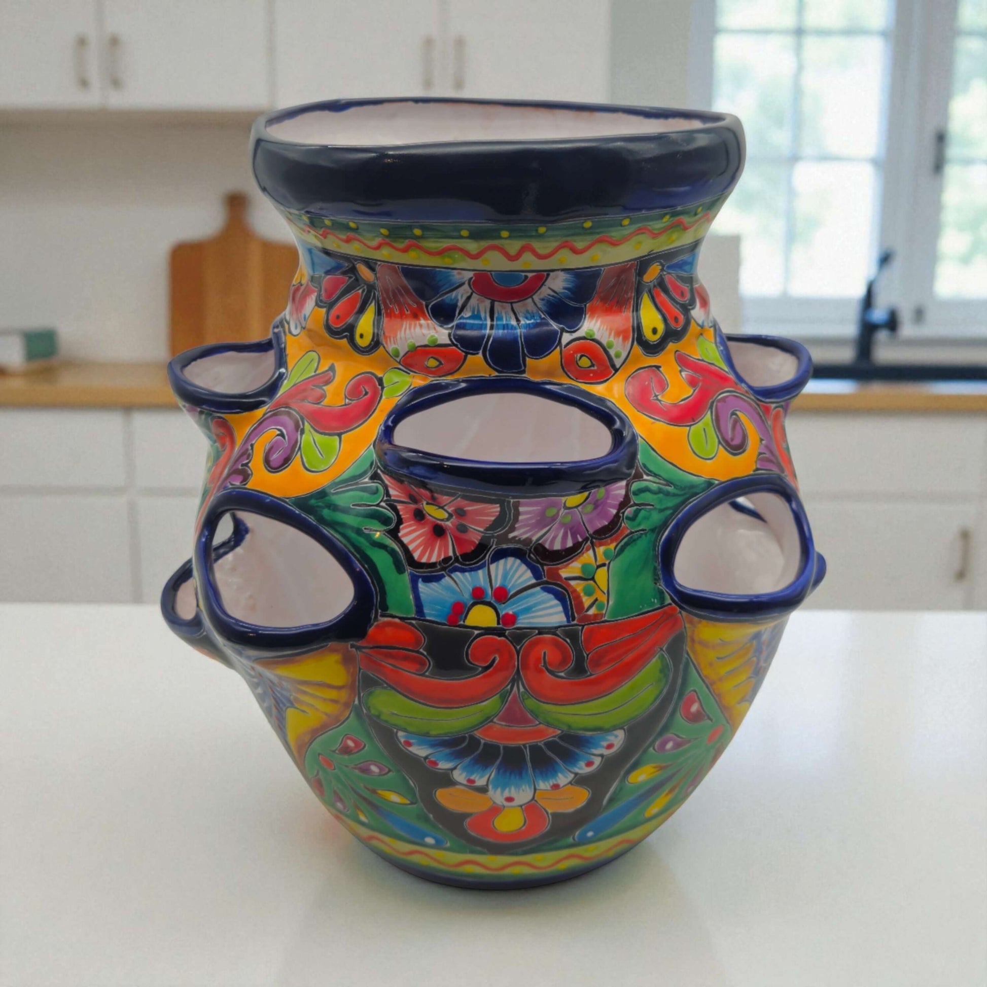 Cobalt Blue Rim Talavera Strawberry Planter Mexican Ceramic Pot - - Talavera Planter