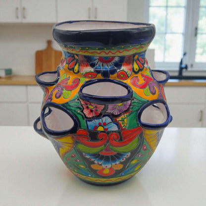 Cobalt Blue Rim Talavera Strawberry Planter Mexican Ceramic Pot - - Talavera Planter