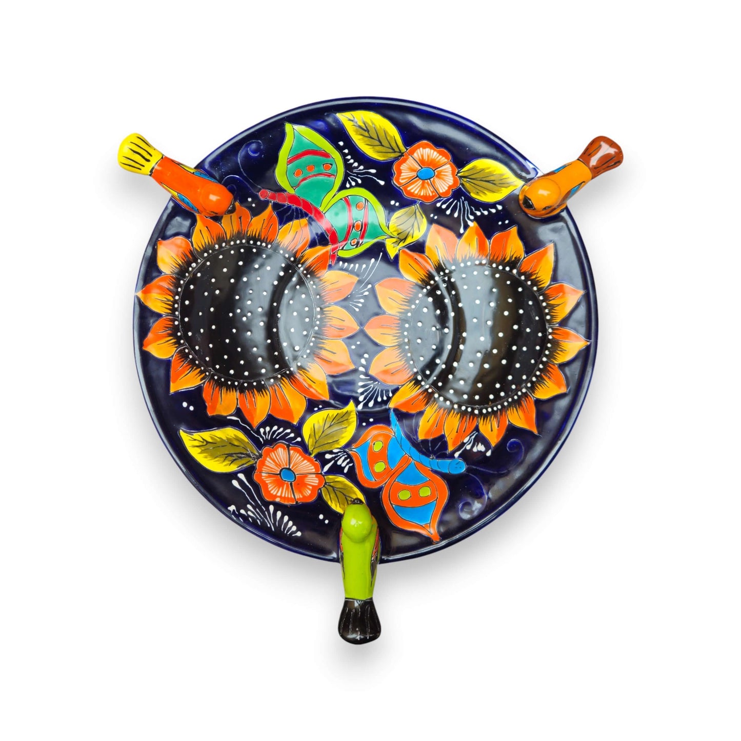Cobalt Talavera Bird Bath Hand-Painted Sunflower Art - - Talavera Bird Bath