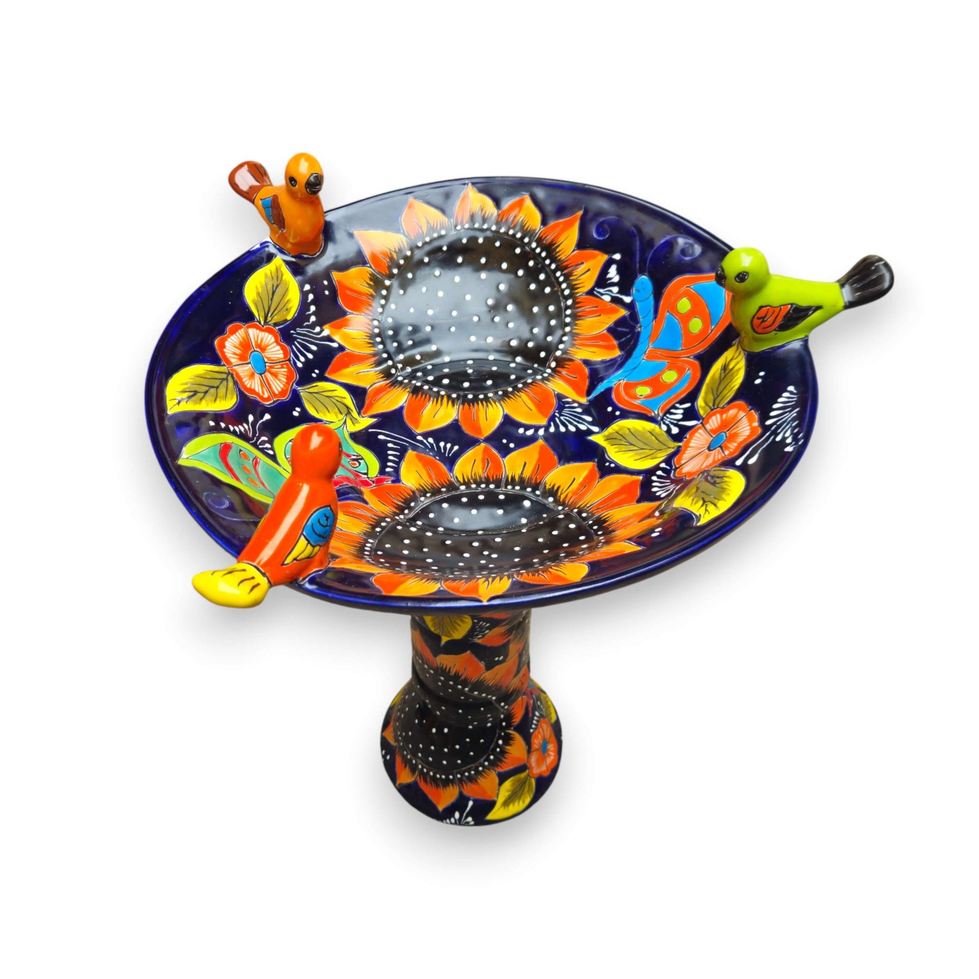 Cobalt Talavera Bird Bath Hand-Painted Sunflower Art - - Talavera Bird Bath