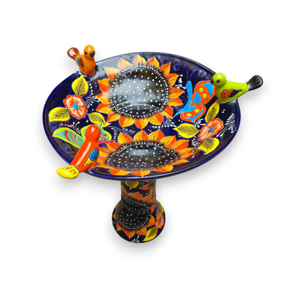 Cobalt Talavera Bird Bath Hand-Painted Sunflower Art - - Talavera Bird Bath