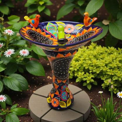 Cobalt Talavera Bird Bath Hand-Painted Sunflower Art - - Talavera Bird Bath