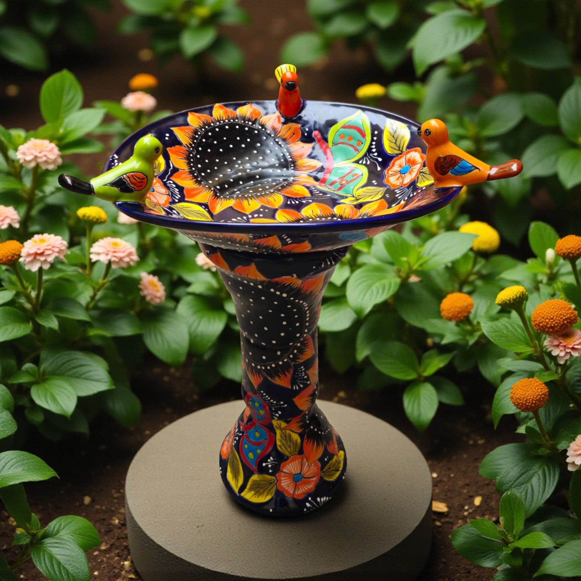 Cobalt Talavera Bird Bath Hand-Painted Sunflower Art - - Talavera Bird Bath