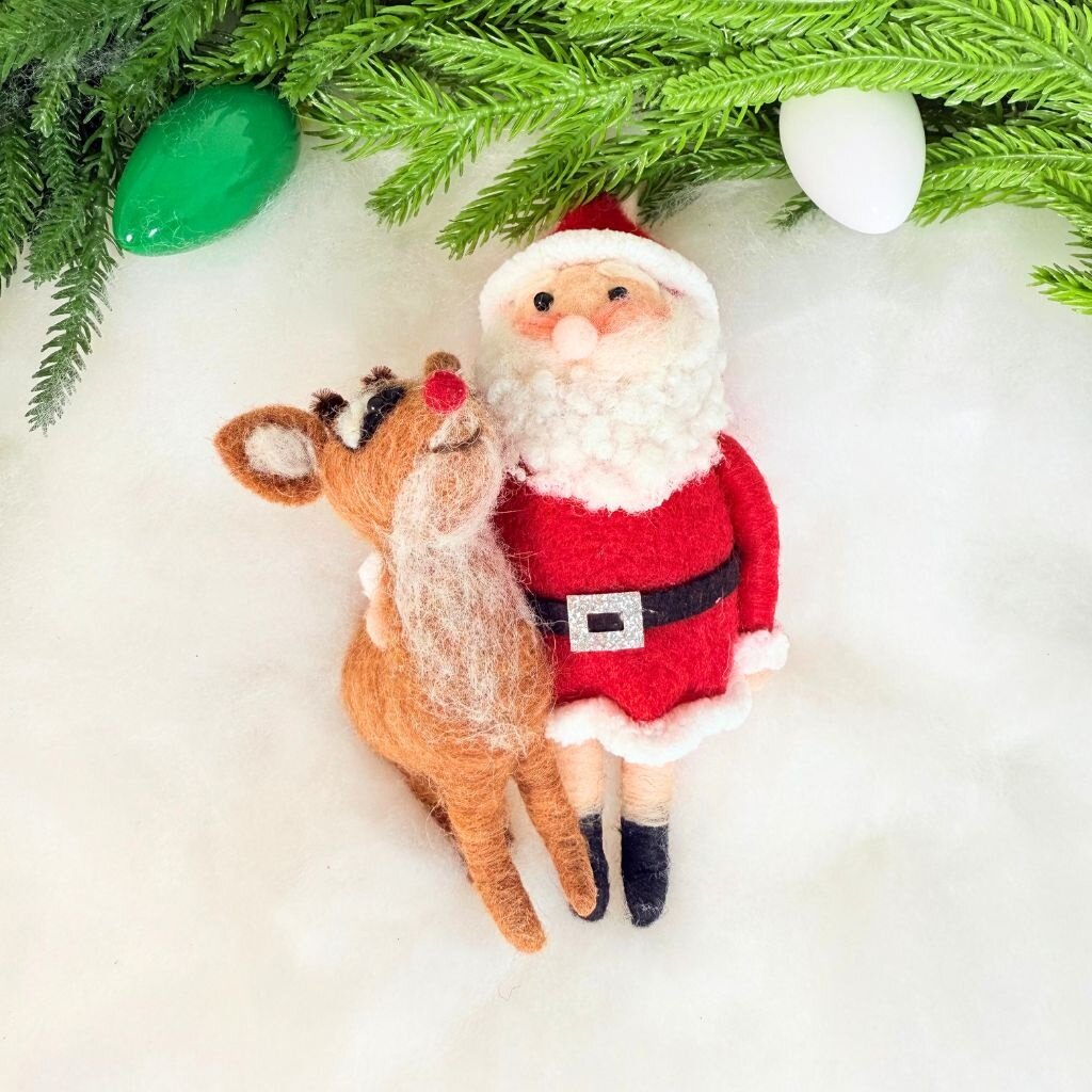 Santa & Rudolph Wool Felt Ornament - - Christmas