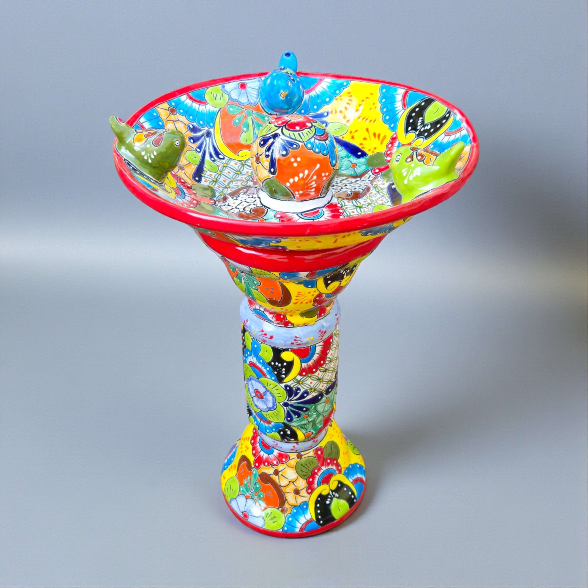 Talavera Bird Bath with Center Ball Colorful Mexican Garden Art - Red - Talavera Bird Bath