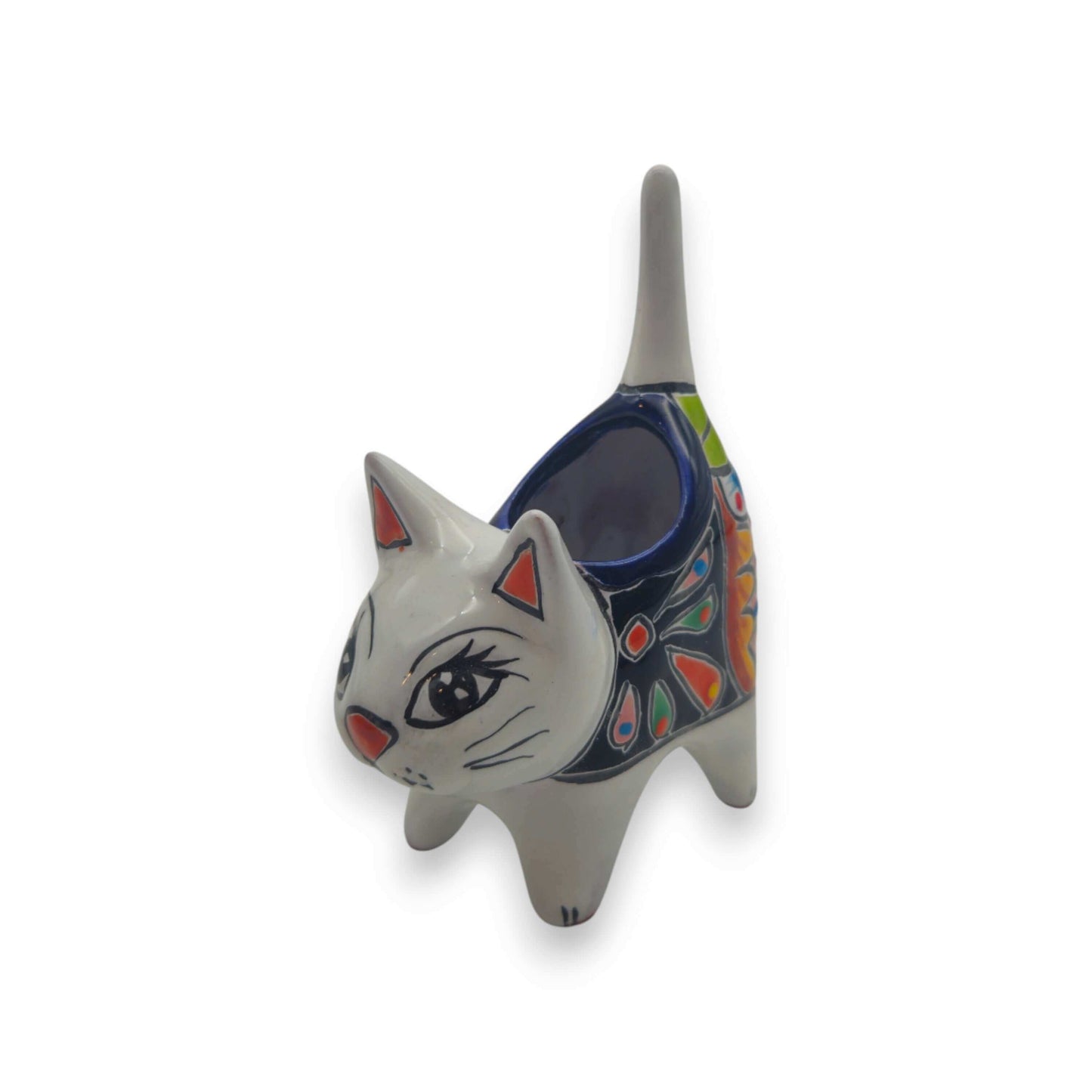 Colorful Talavera Cat Planter Mexican Ceramic Art - White - Talavera Planter