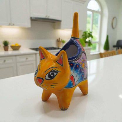 Colorful Talavera Cat Planter Mexican Ceramic Art - Orange - Talavera Planter