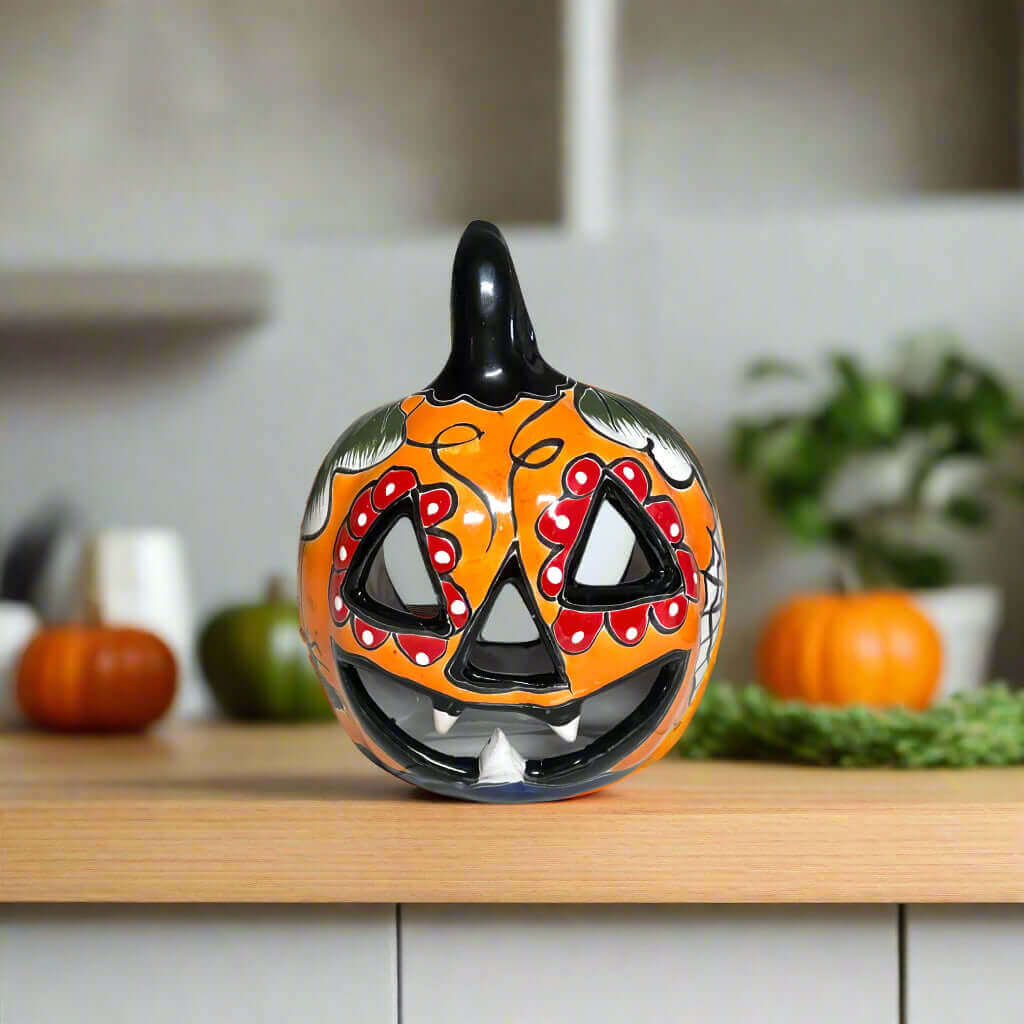 Talavera Jack-O'-Lantern Colorful Mexican Pumpkin Decor - - Talavera Statue