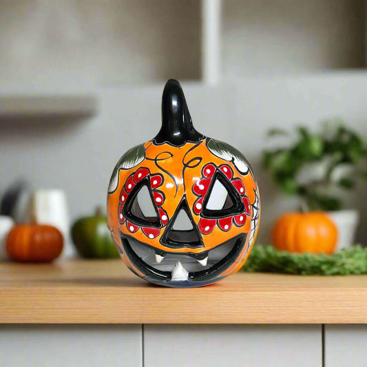 Talavera Jack-O'-Lantern Colorful Mexican Pumpkin Decor - - Talavera Statue