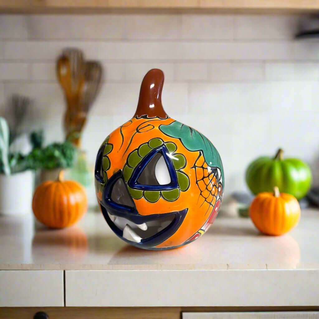 Talavera Jack-O'-Lantern Colorful Mexican Pumpkin Decor - - Talavera Statue