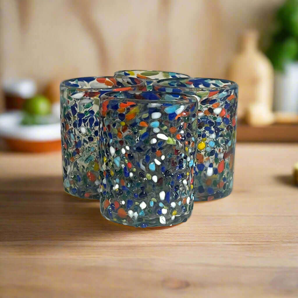 Confetti Pebbled Tumbler Hand-Blown Mexican Glassware - Set of 20 - Mexican Drinking Glass