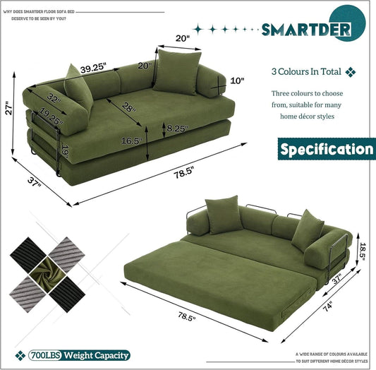 Green Convertible Folding Sofa Bed with Removable Backrest - - Sofa