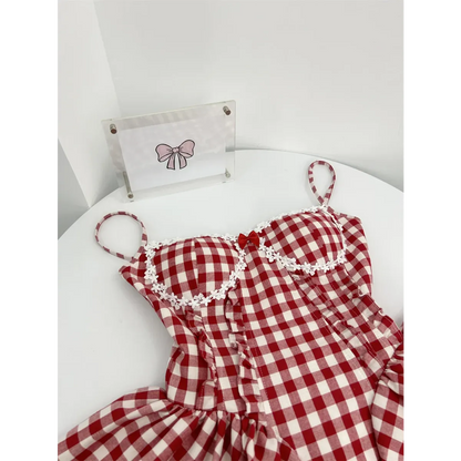 Coquette Plaid Mini Dress – Balletcore Gyaru Party Dress - - Crop Tops