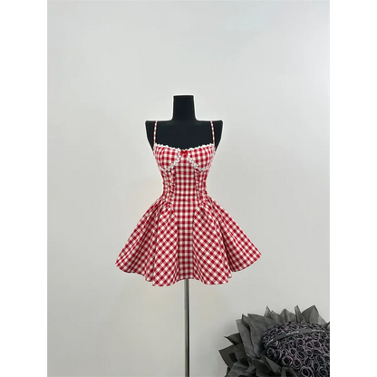 Coquette Plaid Mini Dress – Balletcore Gyaru Party Dress - Red - Crop Tops