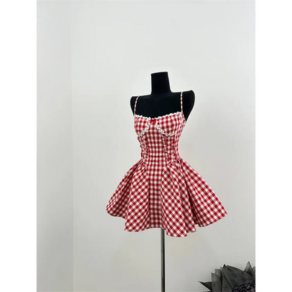 Coquette Plaid Mini Dress – Balletcore Gyaru Party Dress - - Crop Tops