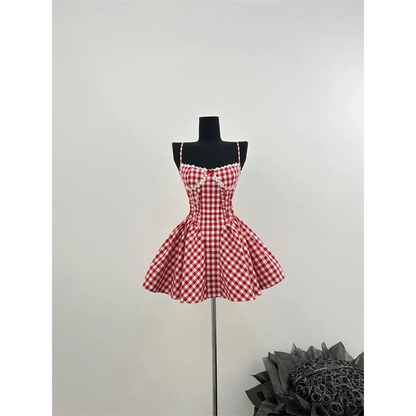 Coquette Plaid Mini Dress – Balletcore Gyaru Party Dress - - Crop Tops
