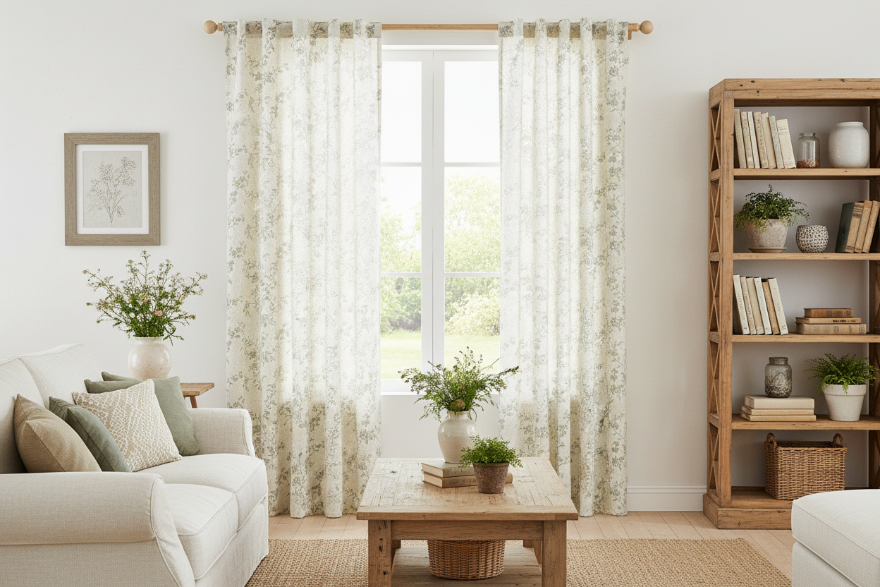Cream Floral Linen Rod Pocket Curtain Set - - curtains