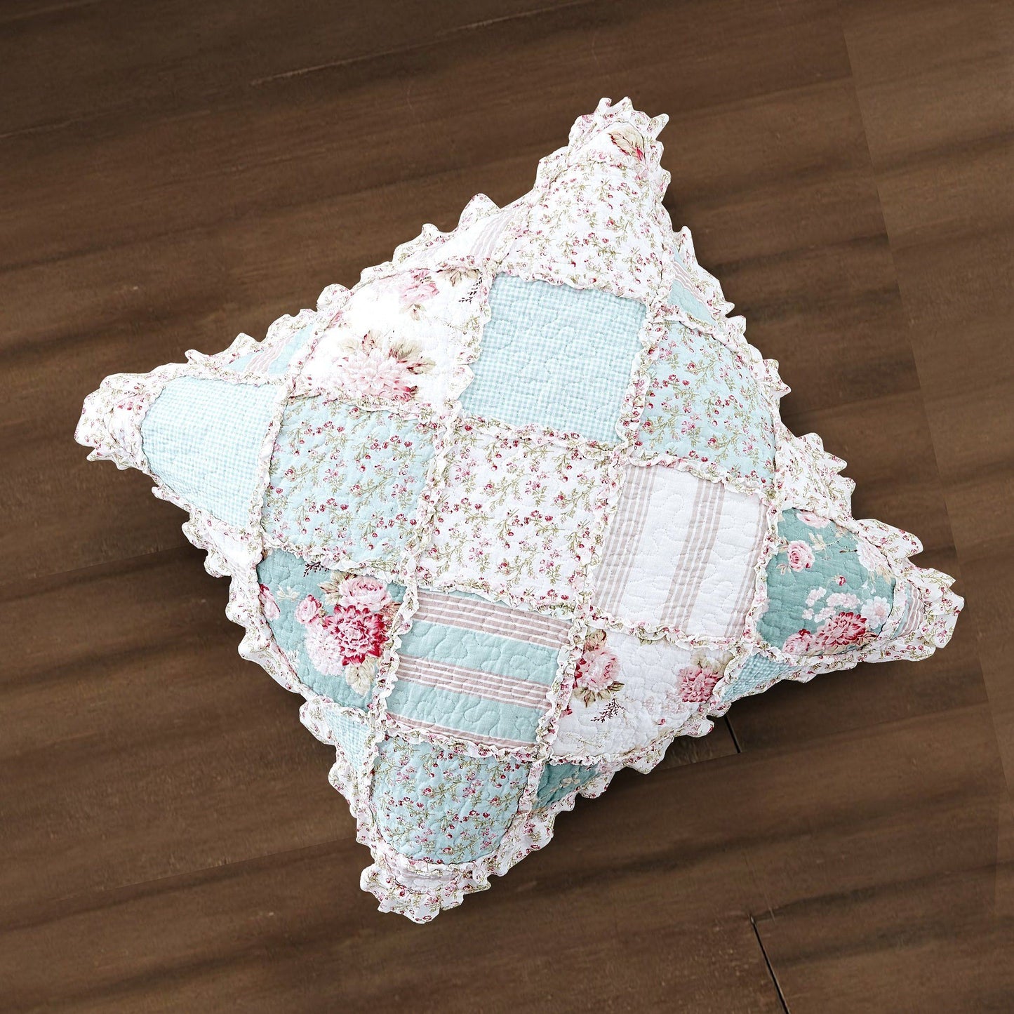 DaDa Bedding Patchwork Hint of Mint Floral Cotton Patchwork Euro Pillow Cover - - Throw Pillow Covers