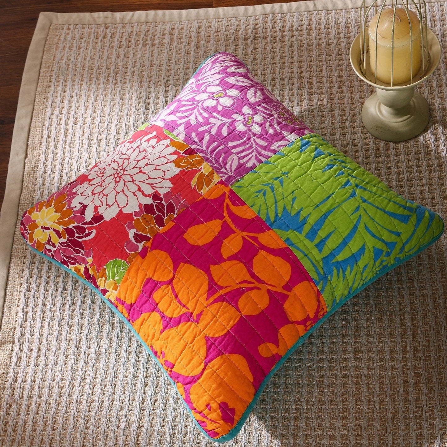 Tache 2 Piece Cotton Colorful Flower Power Party Patchwork Cushion Cover (FloralPatchwork-CC) - - Cushion Cover