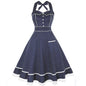 Womens Retro Polka Dot 50s Dress with Pleats - Blue XL - dress