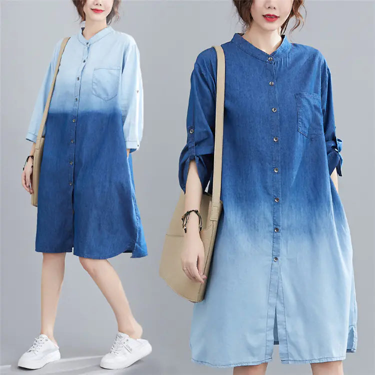 Gradient Color Denim Shirt - Versatile Mid-Length Style Kia Day Design