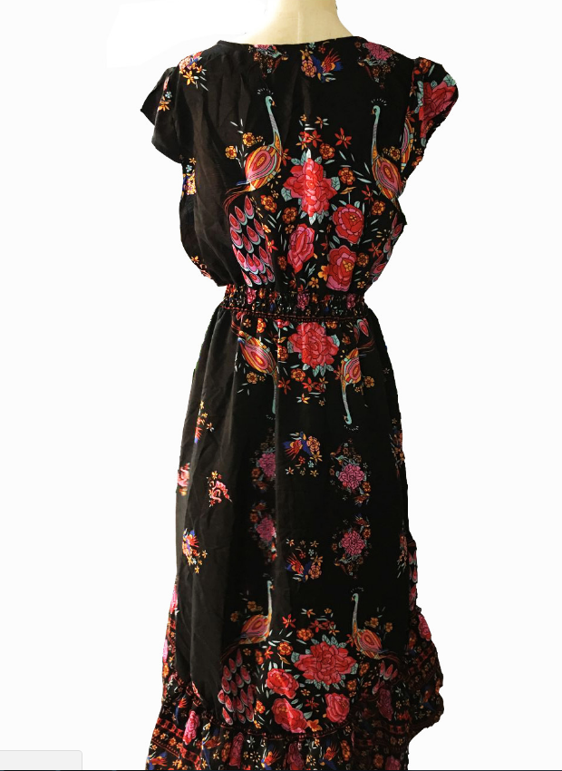 Peacock Print Vintage V-Neck Floral Dress - - dress