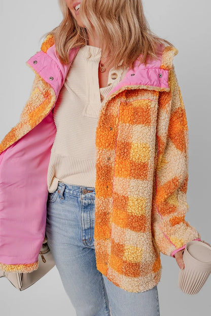 Checkered Long Sleeve Sherpa Hooded Jacket - -