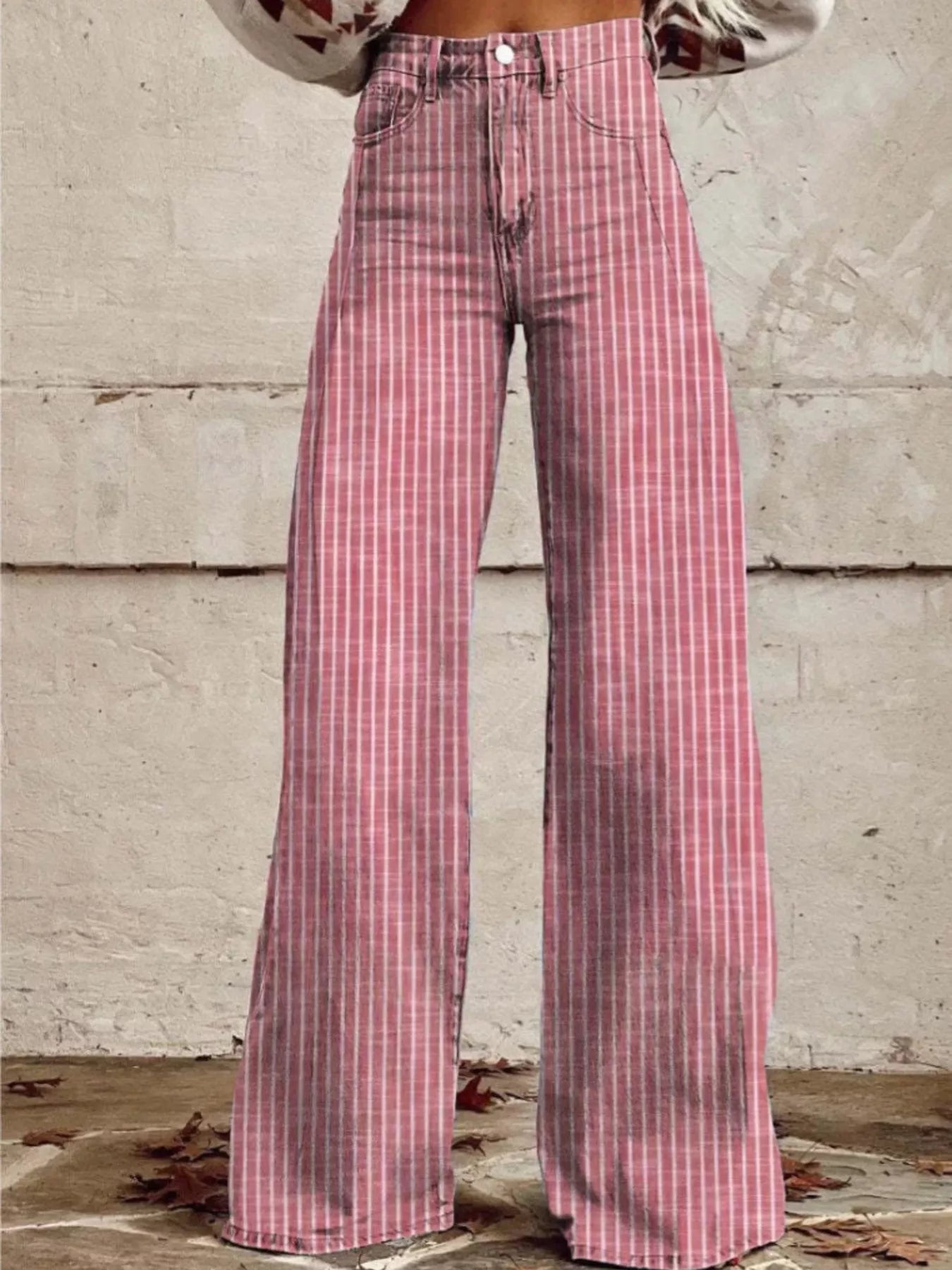 Colored Striped High-Waisted Wide Leg Jeans - Pink - jeans
