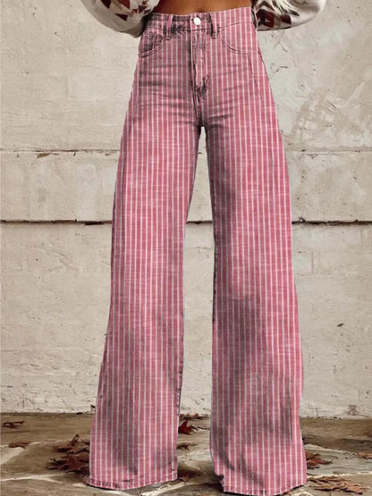 Colored Striped High-Waisted Wide Leg Jeans - Pink - jeans
