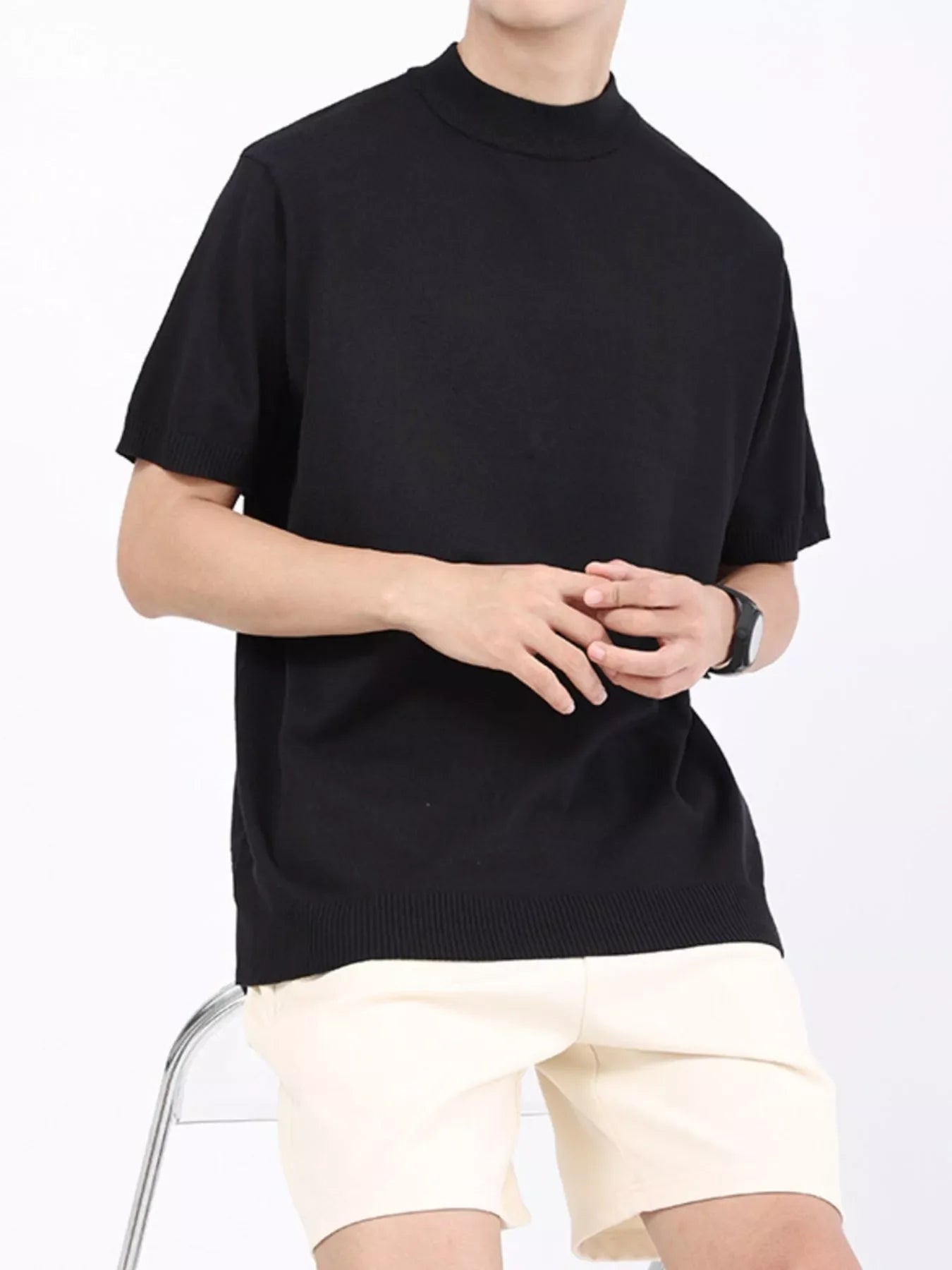 Men's Plus Size Mock Neck Knitted T-Shirt - Black -