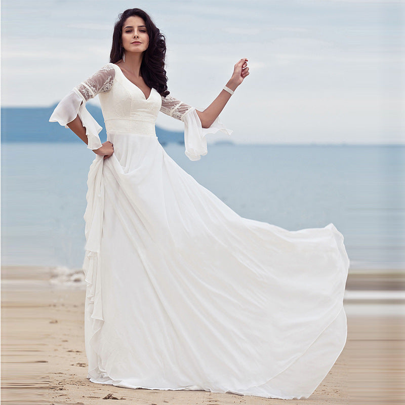 Lace Beaded Deep V Dress and Lace Gown - - dress