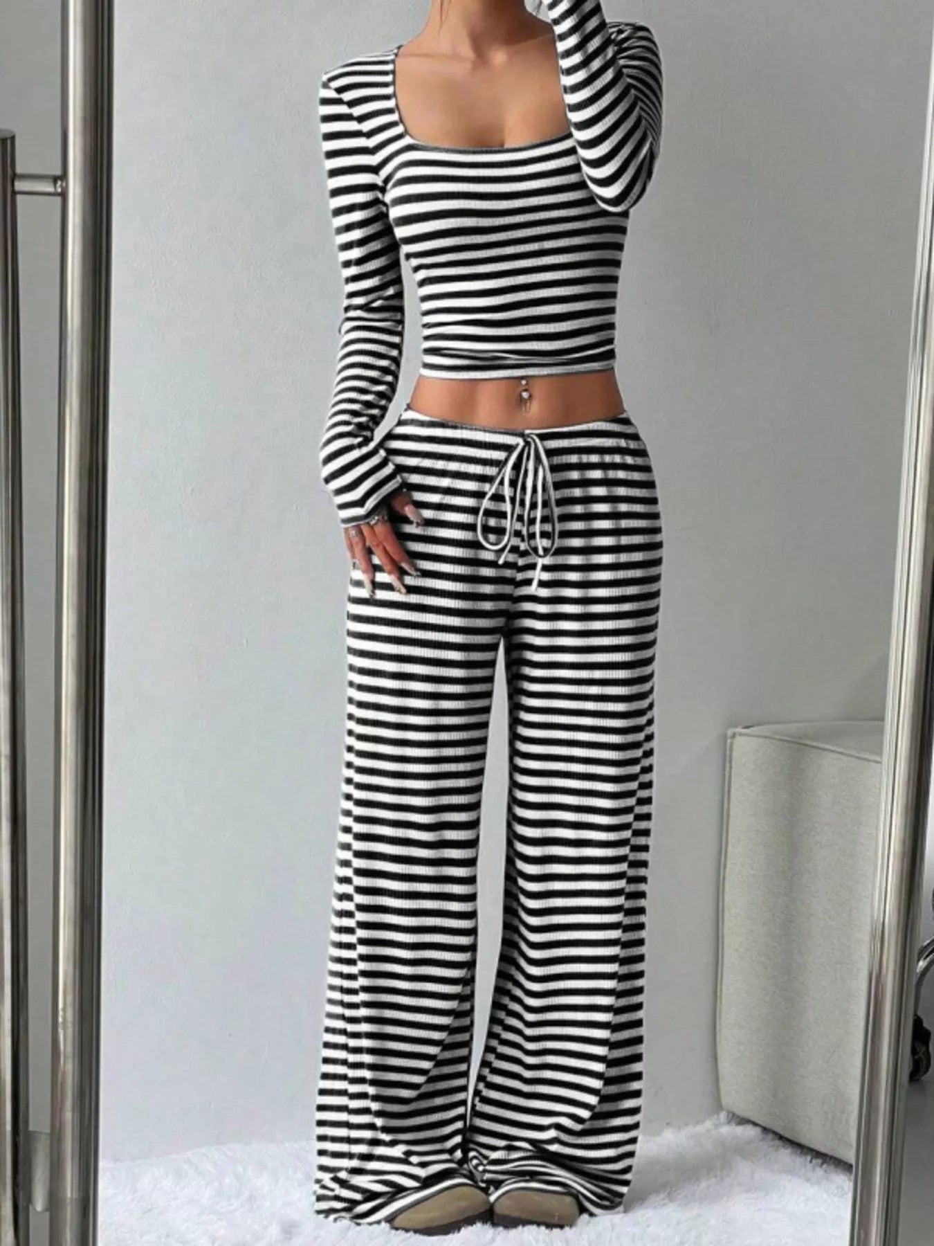 Striped Long Sleeve Crop Top & Wide Leg Pants Set- Shopimist- {{Product type}}