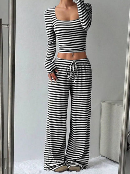 Striped Long Sleeve Crop Top & Wide Leg Pants Set- Shopimist- {{Product type}}