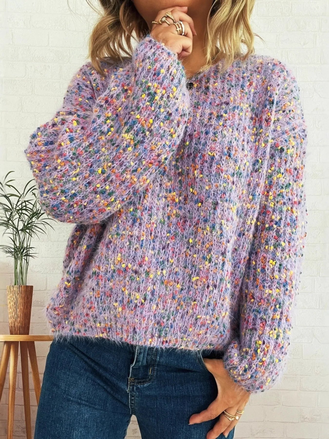 Colorful Long Sleeve Sweater - Purple One Size -