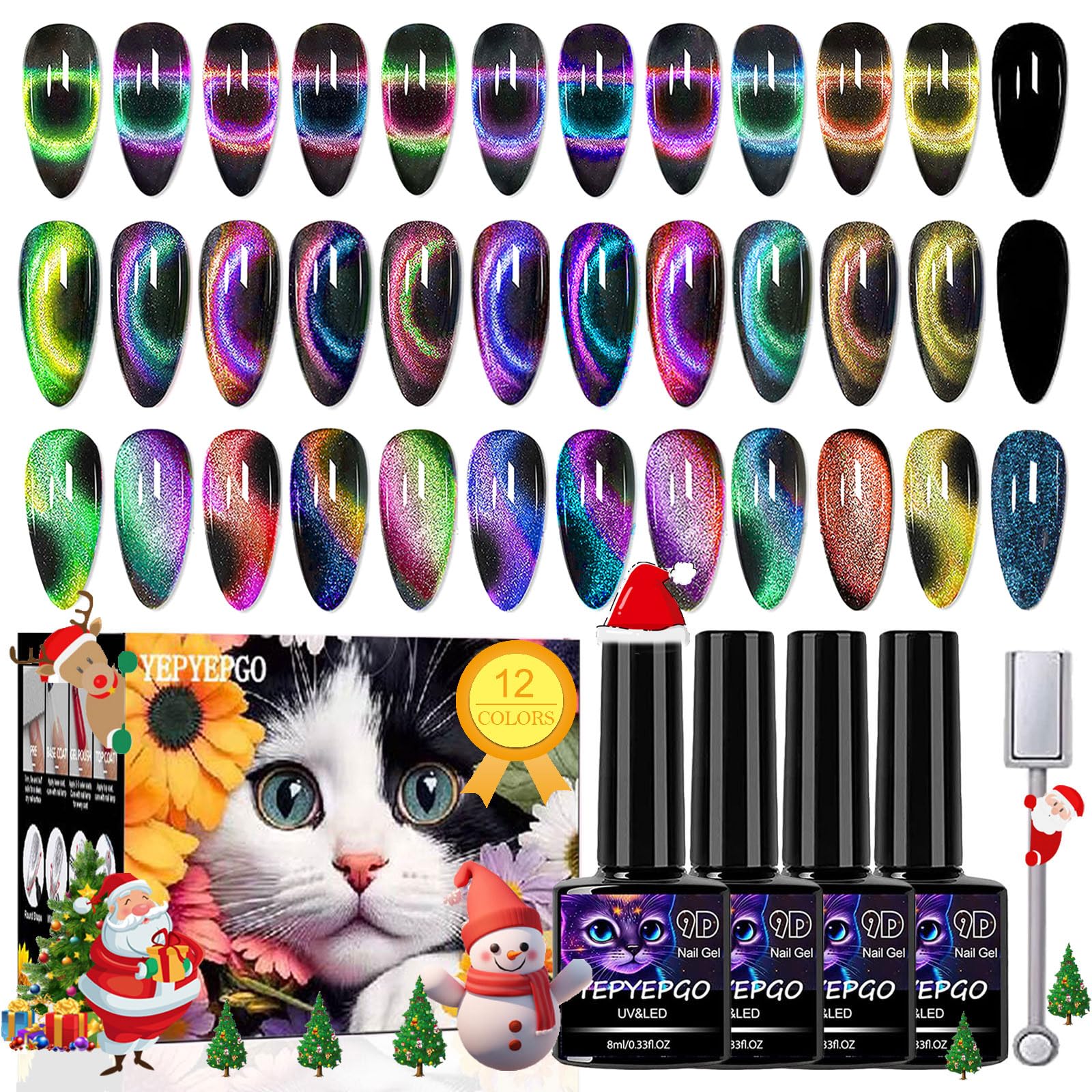 YEPYEPGO 9D Cat Eye Gel Nail Polish Set 12 Colors Cat Eye Gel Polish with Magnet - - gel polish