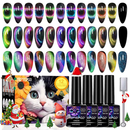 YEPYEPGO 9D Cat Eye Gel Nail Polish Set 12 Colors Cat Eye Gel Polish with Magnet - - gel polish