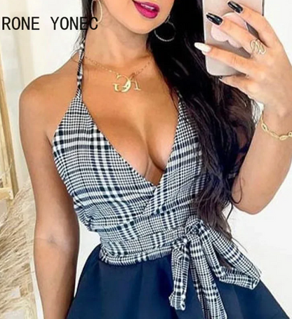 Trendy Plaid Halter Top & Sleek Mini Skirt Set - - skirt set